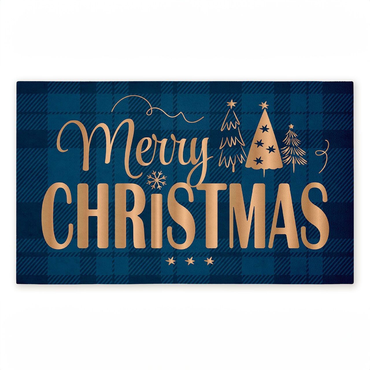 Blue Plaid Merry Christmas Printed Outdoor Door Floor Mat, 18x30, Made in USA - Holiday Ready